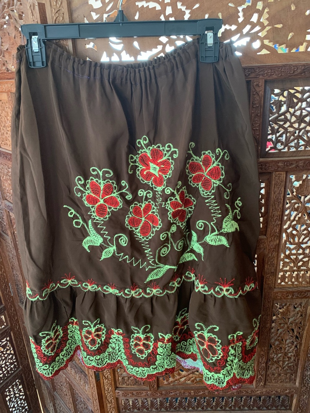 Brown Floral Embroidered Midi Skirt - handmade with machine embroidery